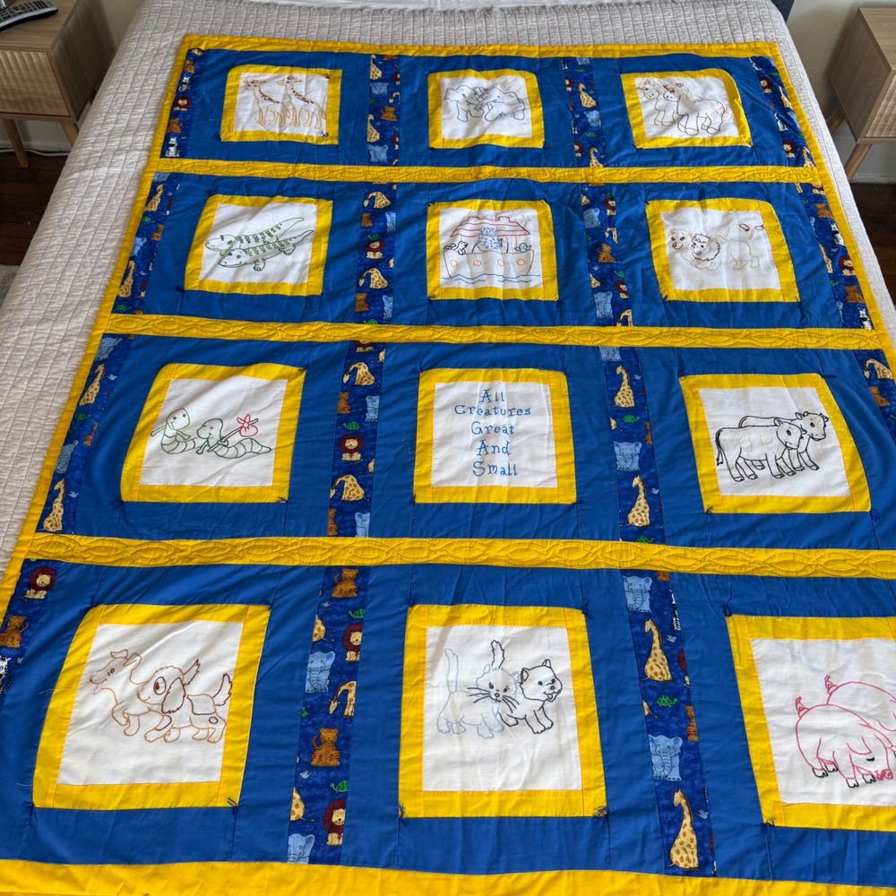 Handmade Noahs Ark Baby Quilt All Creatures Great And Small Embroidered Blue